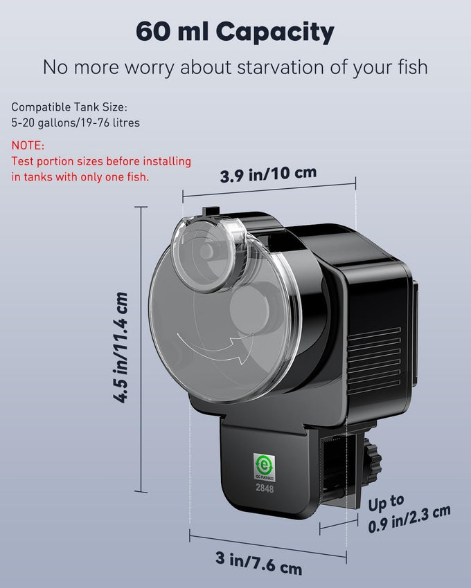 Pawfly Automatic 60ml Fish Feeder for Aquarium 5-20 Gallon Tanks, Battery Operated, Adjustable Feeding