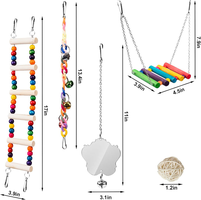 Wooden parakeet toys and accessories, 7-piece set for small conure, cockatiel, and budgie cages, 18 inches