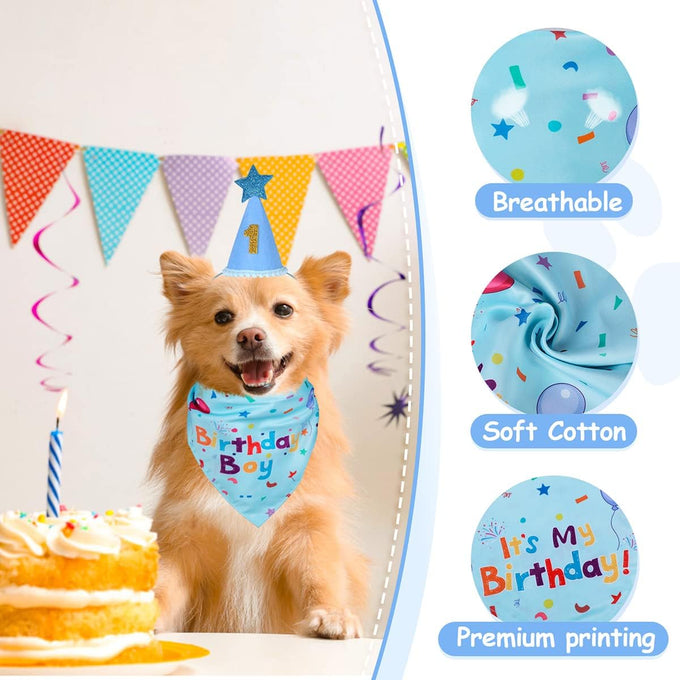 Dog Birthday Bandana Set for Large Medium Small Dogs Pet - Blue, Adjustable Hat with Numbers 0-8