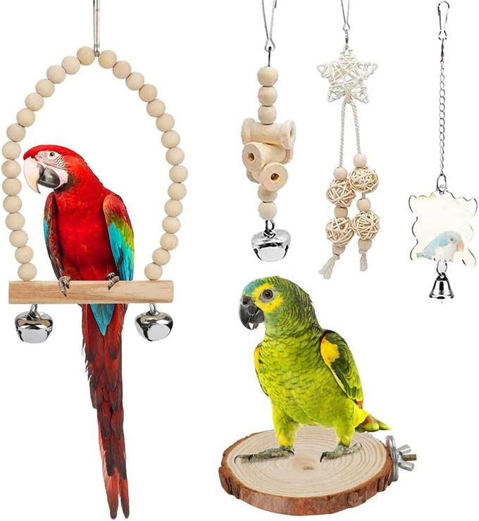 Natural wood 9-piece birdcage toy set with coconut hideaway, ladder, bird perch stand, and rope bungee toys for parrots and cockatiels