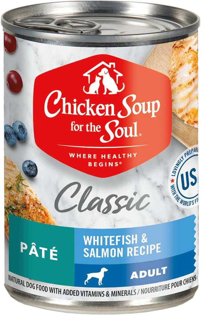 Chicken Soup for The Soul All Natural Premium Adult Wet Dog Food, Real Meat First Ingredient, No by-Products, Artificial Colors, Flavors or Preservatives, Salmon & Whitefish Pate, 13oz (Pack of 12)