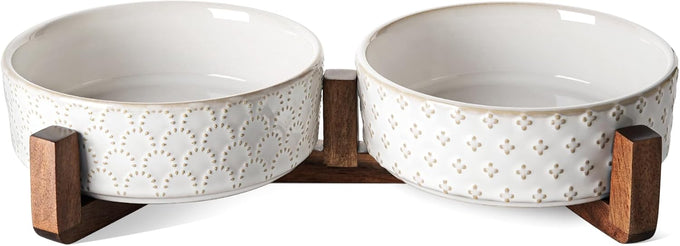 Le Tauci Acacia Wood Stand Dog Bowl Set with 1.5-Cup Ceramic Bowls for Small Dogs and Cats, Non-Slip Base