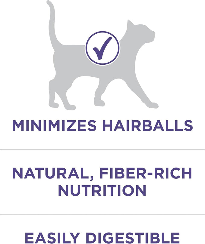 Natural adult dry cat food for hairball control with real chicken, high-protein recipe and crunchy kibble.