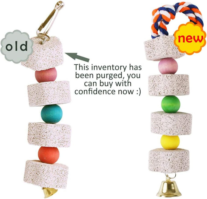 2-pack Unibene star-shaped bird beak grinding stones with lava block calcium supplement, cotton rope, and bell for African Greys, Conure, and small animals