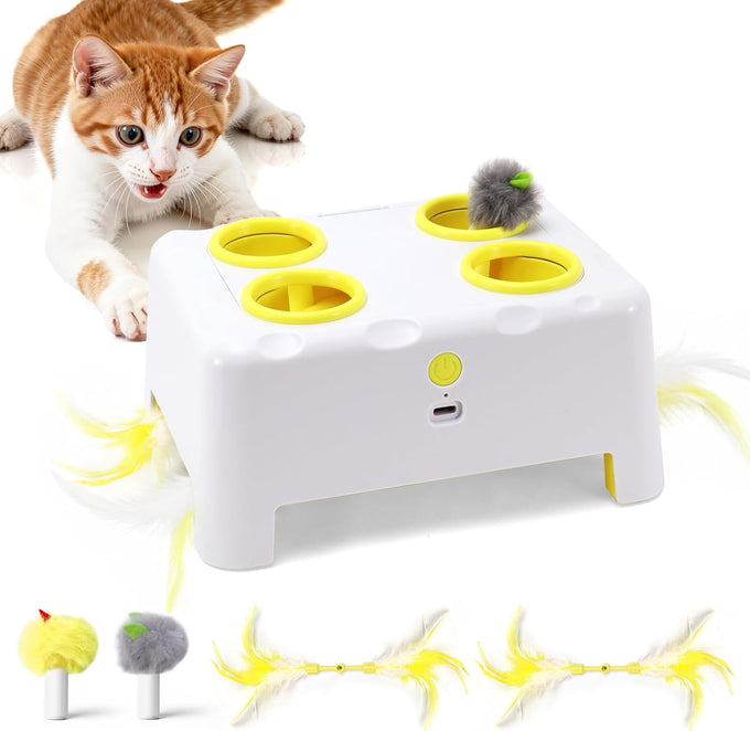 Cheese Box Interactive Cat Toy, 3-in-1 Whack a Mole Feather Toy for Indoor Cats, 4 Holes Kitten Toy, Yellow