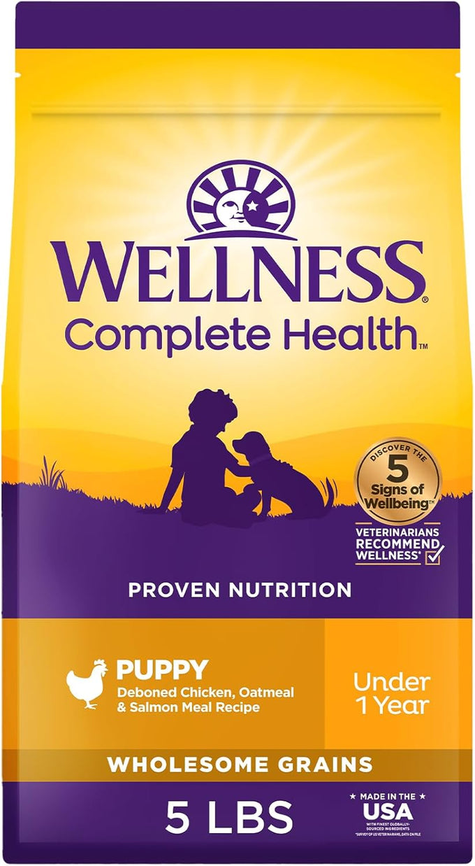 Wellness Wholesome Grain Puppy Dry Dog Food, 5 lb Bag, Chicken, Oatmeal, and Salmon Recipe, All Natural, Grain Free