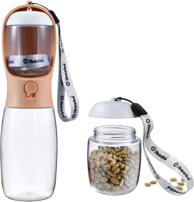 Cibaabo dog water bottle with food container, 10oz and 19oz capacity, leak proof lock and carbon filter, BPA free