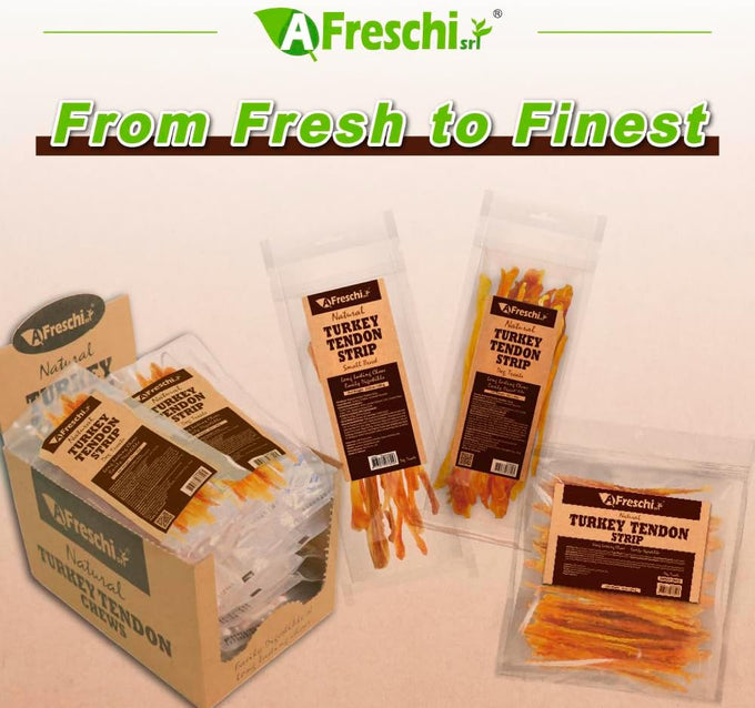 A Freschi srl Turkey Tendons for Small Breeds USA-Sourced Human Grade Long-Lasting Rawhide-Free Puppy Chews 3.53 oz Pack