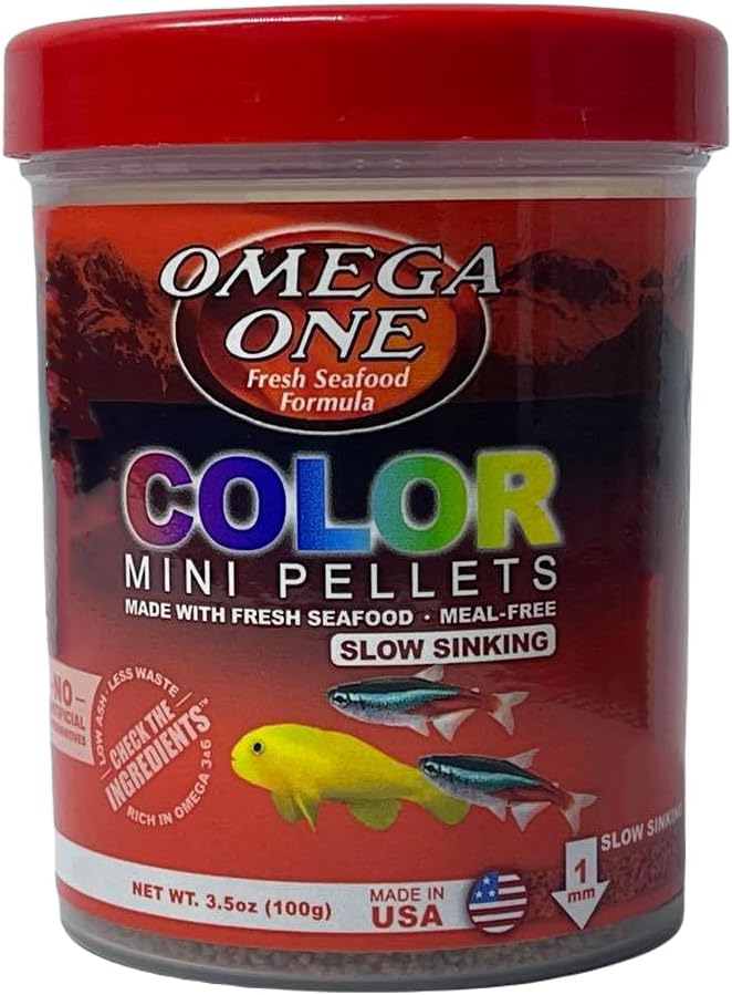 Omega One Color Mini Pellets sinking fish food 3.5 oz salmon skin beta carotenes