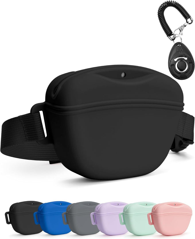 heouvo dog treat pouch with training clicker, 1.67 cup silicone, compact fanny pack with waist belt for pet training and walking, black