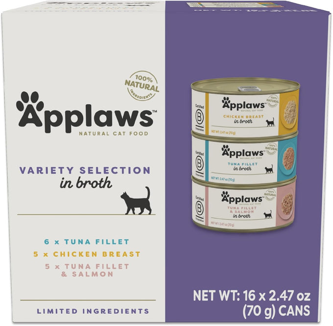 Applaws Natural Wet Canned Cat Food, Limited and Natural Ingredients, High Protein with No Artificial Additives, Fish Selection Variety Pack in Broth (16 x 2.47oz Cans)