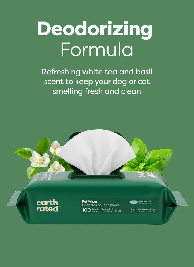 Earth Rated pet wipes for dogs and cats, 3-in-1 cleaning, hypoallergenic, 100 count, white tea and basil scent
