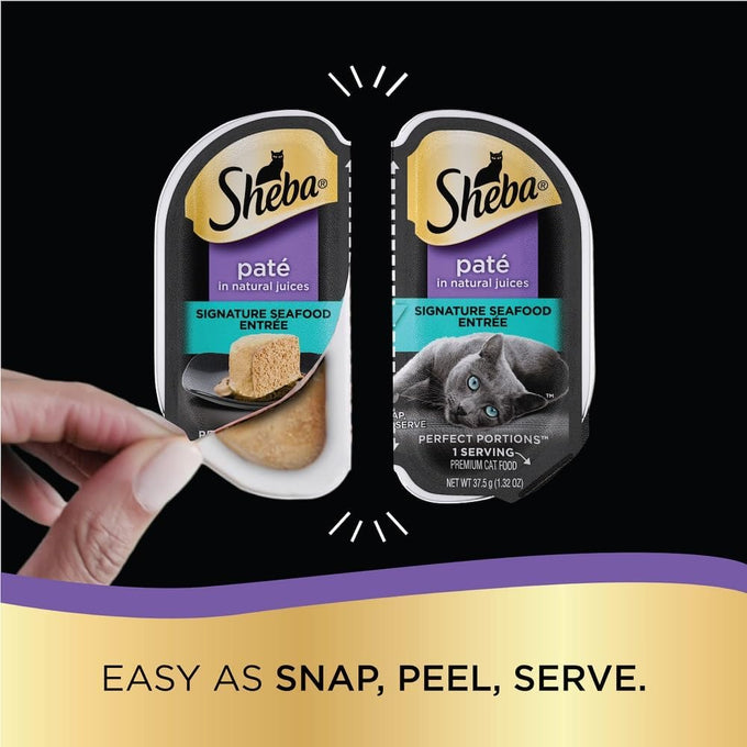 sheba perfect portions wet cat food pate with salmon, seafood, and fish variety pack, 2.6 oz twin pack trays (24 count, 48 servings)