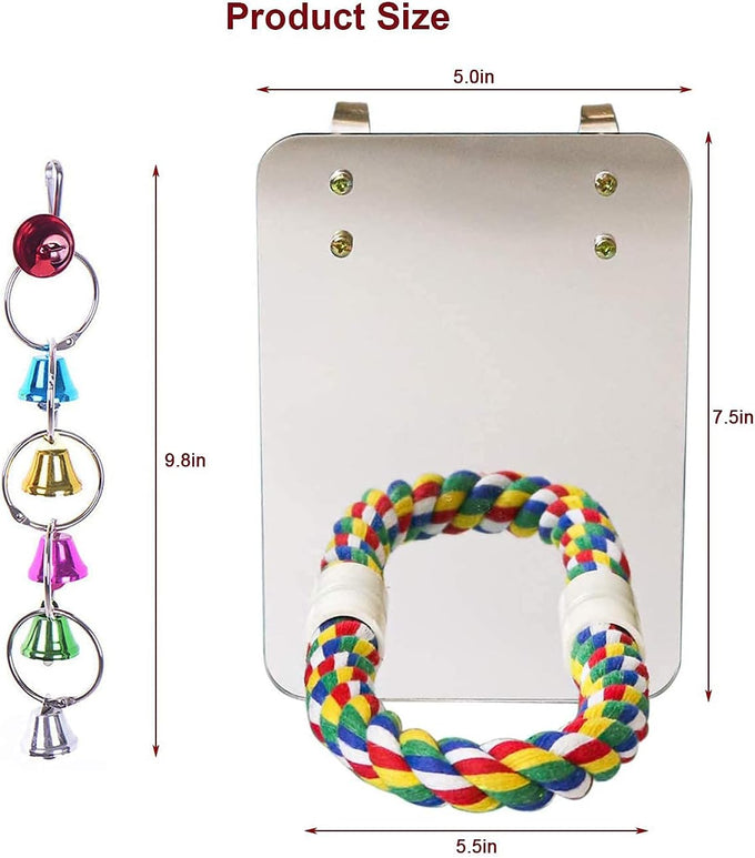 7 inch acrylic bird mirror with rope perch for grey parrots, amazons, parakeets and cockatiels