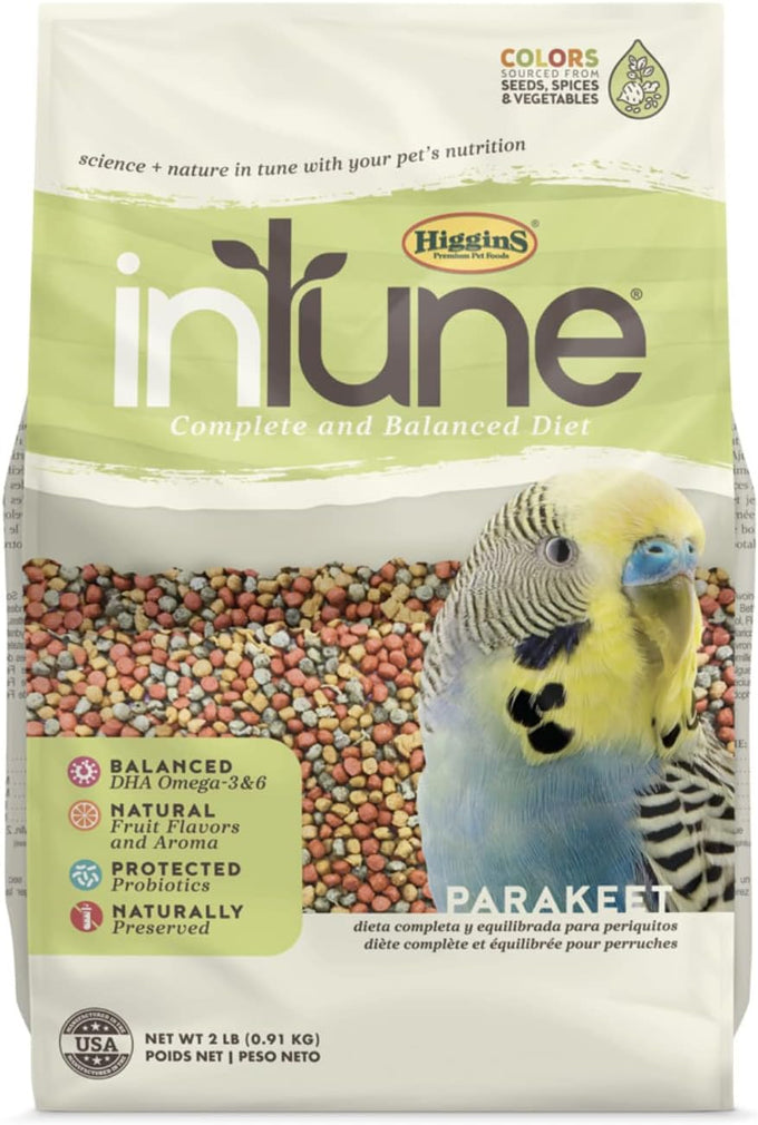 Higgins 2-pack Intune parakeet food, 2 pounds each, complete and balanced diet, plant-based, USA made