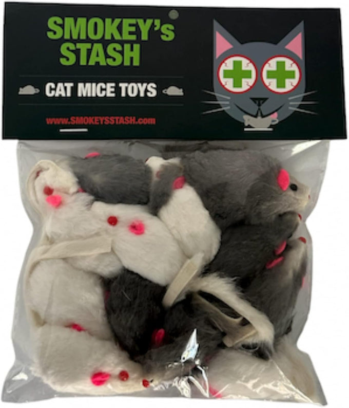 Smokey's Stash White and Gray Fuzzy Rabbit Fur Mouse Cat Toys for Cats 12 Pack Rattle Realistic Fake Mice