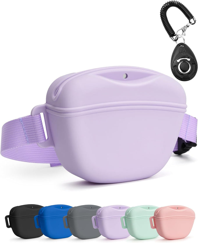 heouvo dog treat pouch with training clicker, 1.67 cup silicone, compact fanny pack with waist belt for pet training and walking, black