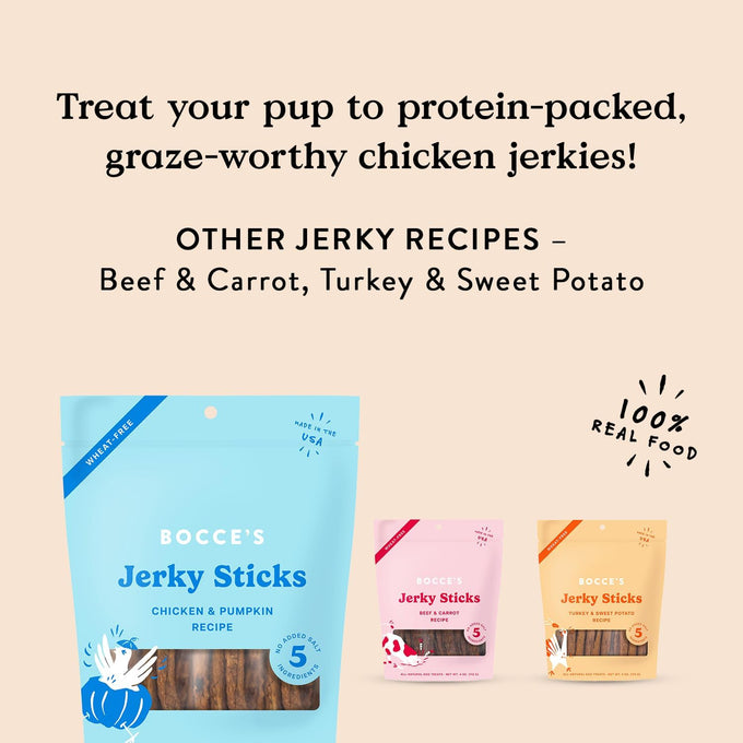 Bocce's Bakery low-sodium, high-protein, wheat-free chicken & pumpkin jerky dog treats, 4 oz, made in USA