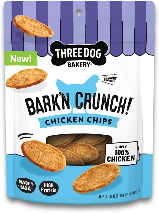 Three Dog Bakery Bark'N Crunch! Chicken Chips 4 oz Grain Free High Protein Treats for Dogs