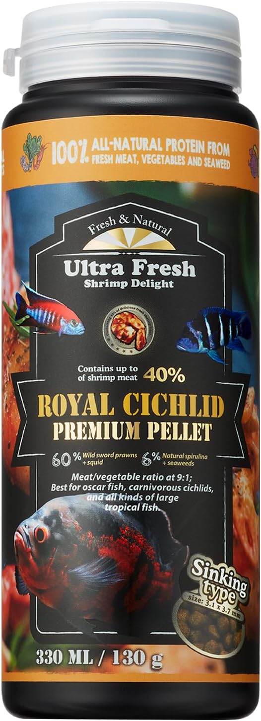 Royal Cichlid Premium Sinking Fish Food, 16 oz, Wild Sword Prawns, All Natural, Large Tropical Fish, Carnivore Pellets