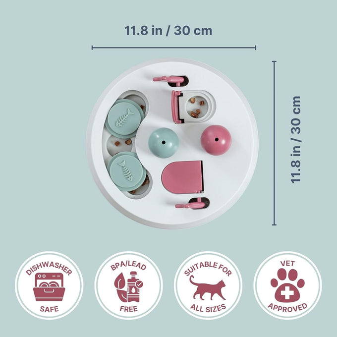 Trixie Cat Activity Flip Board - 4-module treat puzzle enrichment toy for indoor cats - Berry/Gray, 9x9x2.5in