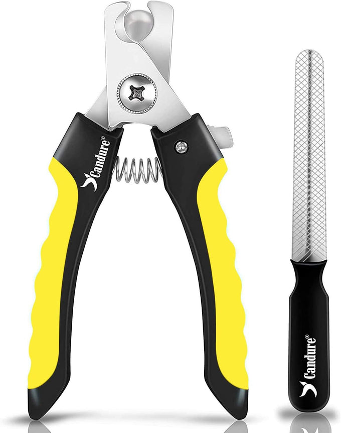 Candure pet nail clippers with safety guard for medium-large breeds, nail file, and ergonomic design