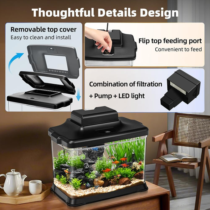 DaToo 1.6 Gallon Ultra-Clear Fish Tank Aquarium Starter Kit with LED Lighting and Filter System for Small Fish and Shrimp