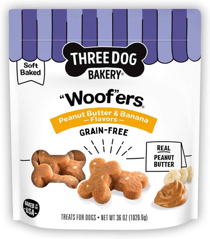 Three Dog Bakery grain-free 'Woof'ers, peanut butter & banana flavor, soft-baked dog treats for puppies, seniors, and all sizes