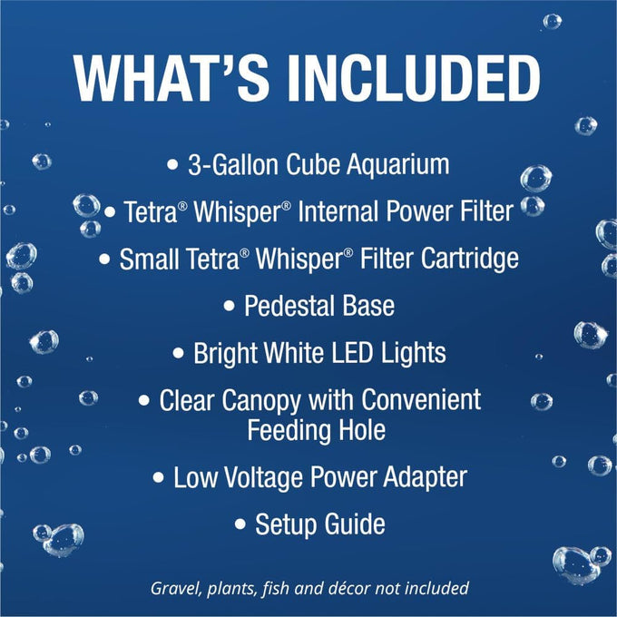 Tetra 3-gallon cube-shaped aquarium kit with pedestal base, LED light, and filter for small tropical fish