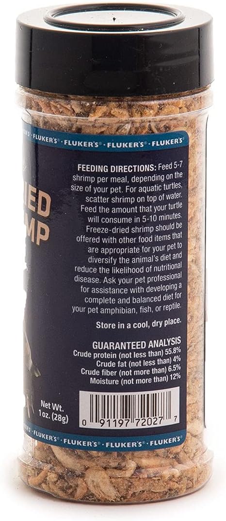 Fluker's 1 oz freeze-dried river shrimp for lizards, reptiles, birds, fish, and hedgehogs, a nutrient-packed treat