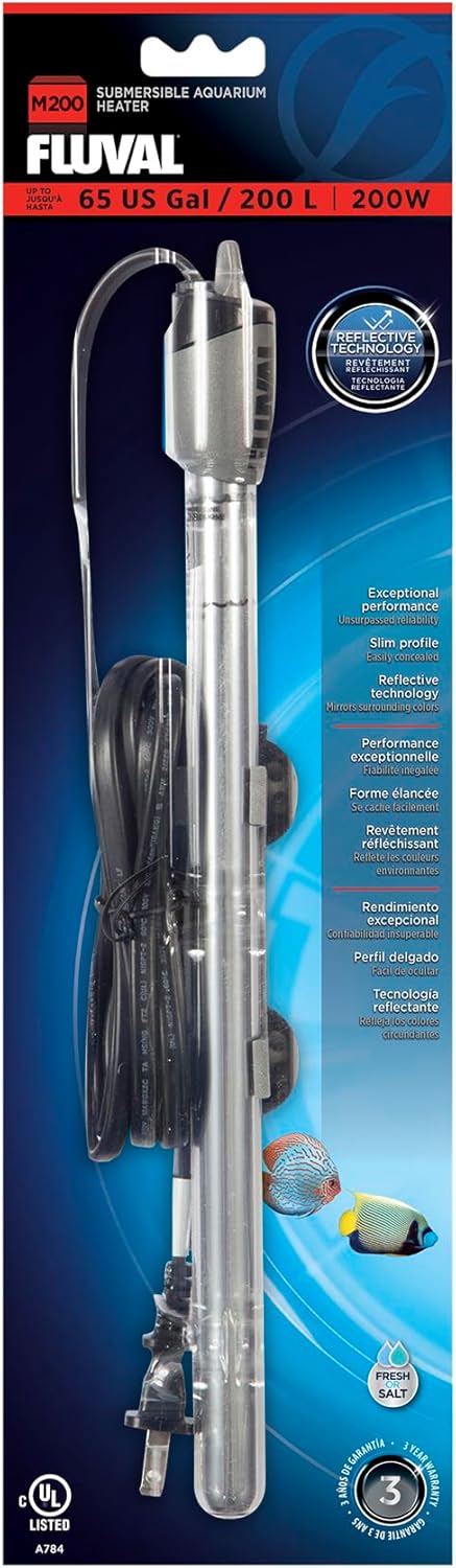 fluval m 200-watt submersible aquarium heater with mirror technology for freshwater and saltwater tanks up to 65 gallons