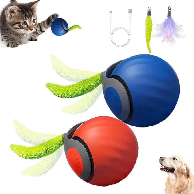 2packs speedy 2.0 tail cat toys for bored indoor adult cats with automatic moving ball and feather pendant, blue and orange, pp materials