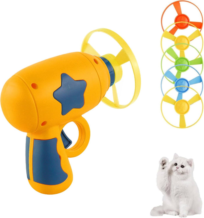 Andiker Cat Fetch Toy, blue, interactive kitten flying disc launcher with 5 colorful propellers for training and chasing