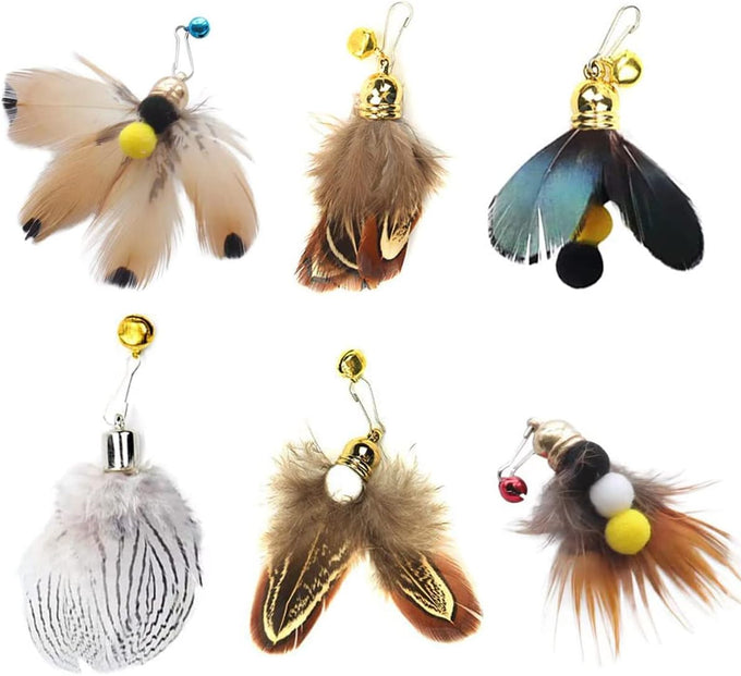cat insect feather toys 6 pieces natural replacement refills interactive teaser attachments with bell