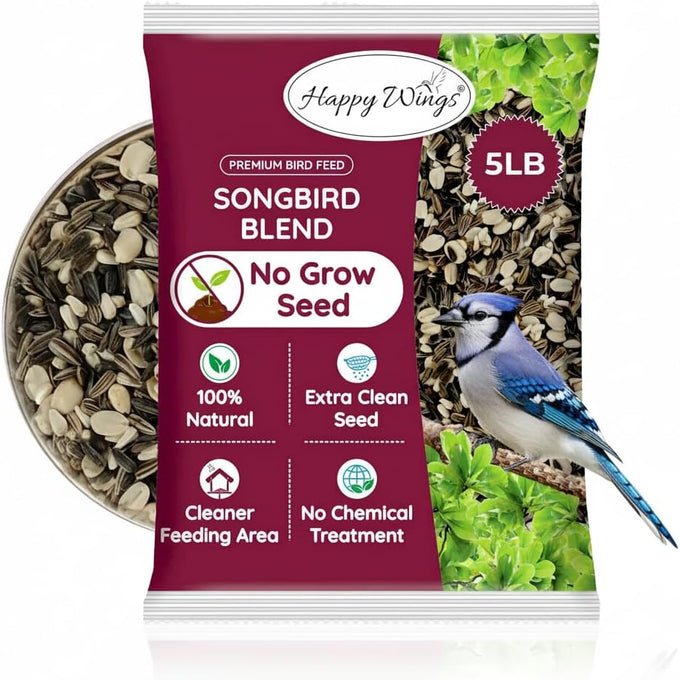 Happy Wings 5lb No Grow Songbird Bird Seed Mix with Sunflower, Safflower & Peanuts for Outside Feeders