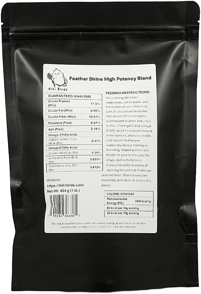 Feather Shine high potency parrot food with bee pollen, sprouts, USA-made, 17.5% plant protein, omega rich, molting, breeding, growth