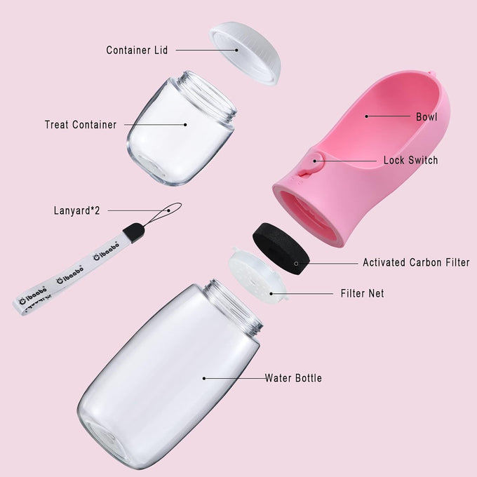 cibaabo dog water bottle with food container, 10oz and 19oz capacities, leak proof lock and carbon filter