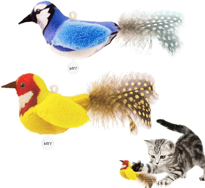 Whisker World 2-Pack Catnip Bird Toys with Lifelike Chirp Sound and Real Feather