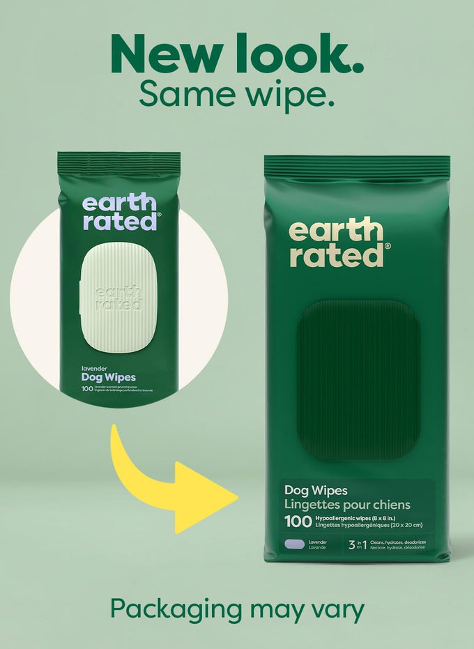 Earth Rated 3-in-1 Hypoallergenic Dog Wipes, Lavender Scented, 100 Count, 8" x 8", Biobased