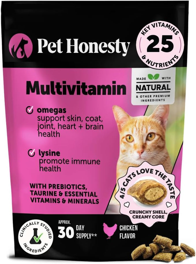 pet honesty cat multivitamin crunchy & creamy chews - supports immune, joint, skin, coat, and digestion health with omega 3s and lysine