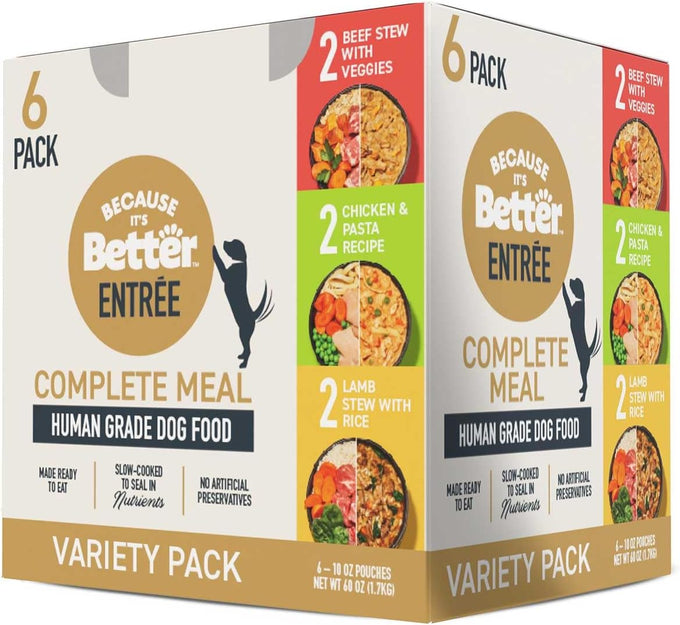 Human-Grade Wet Dog Food Entrée Variety Pack - 6 x 10 oz Pouches with Real Beef, Chicken, or Lamb