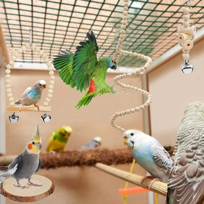 Natural wood 9-piece birdcage toy set with coconut hideaway, ladder, bird perch stand, and rope bungee toys for parrots and cockatiels