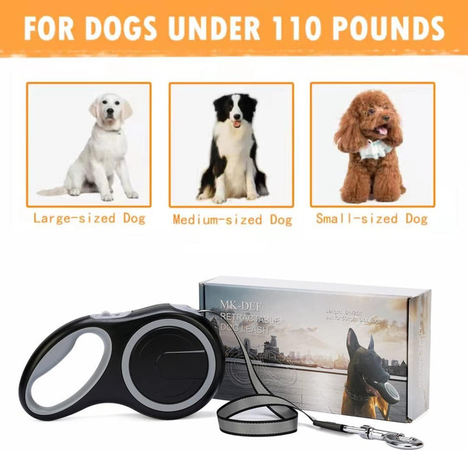 26Ft Retractable Dog Leash, Heavy Duty, Anti-Slip Rubberized Handle, One-Handed Brake, Strong Nylon Tape, Tangle Free for Dogs up to 110 lbs, Large Size