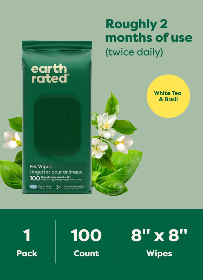 Earth Rated pet wipes for dogs and cats, 3-in-1 cleaning, hypoallergenic, 100 count, white tea and basil scent