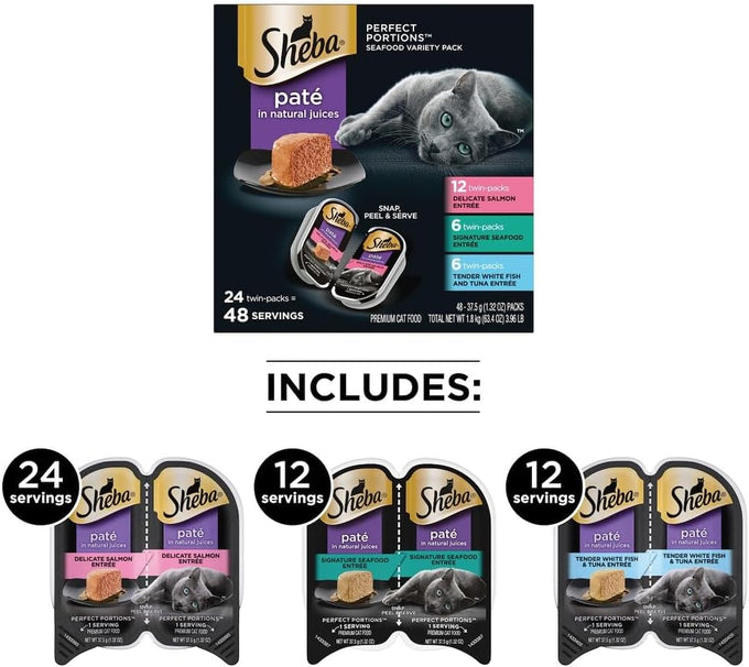 sheba perfect portions wet cat food pate with salmon, seafood, and fish variety pack, 2.6 oz twin pack trays (24 count, 48 servings)