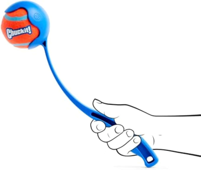 Chuckit! 12M Sport dog ball launcher for medium 2.5" balls, 20-60 lb dogs, 12" handle, made in USA, blue