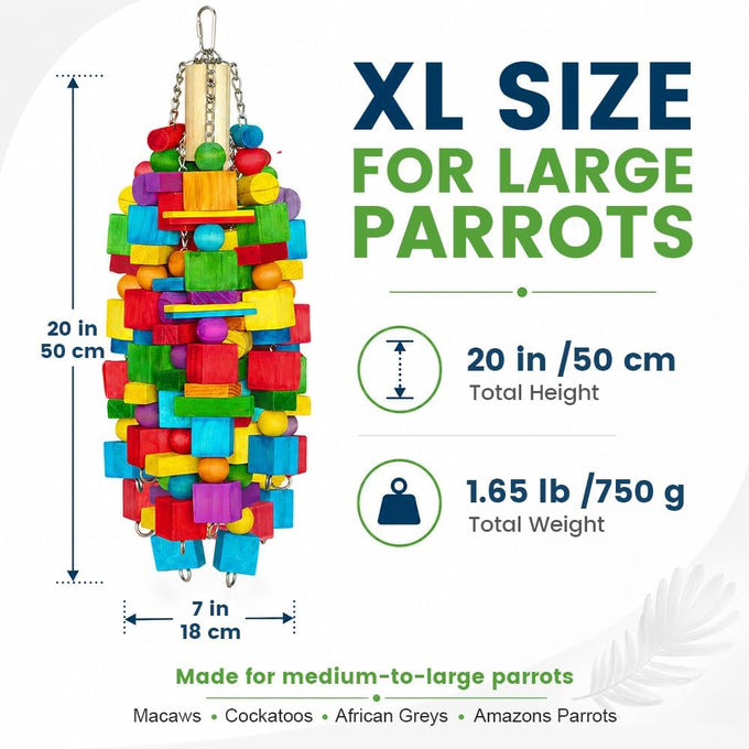 Natural Wood XL Parrot Toy, 20 in Stainless Steel Chain Hanging for Macaws, Cockatoos, African Greys, and Large Parrots