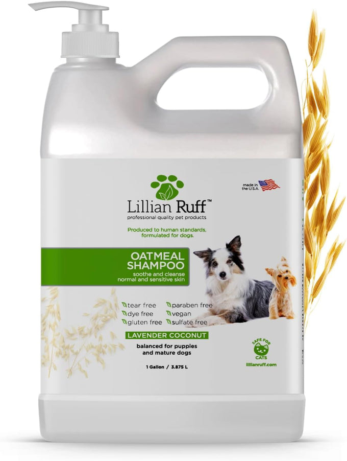 Lillian Ruff Pro oatmeal dog shampoo for dry skin, itching & allergies, 16oz with brush, made in USA, non-toxic, natural ingredients