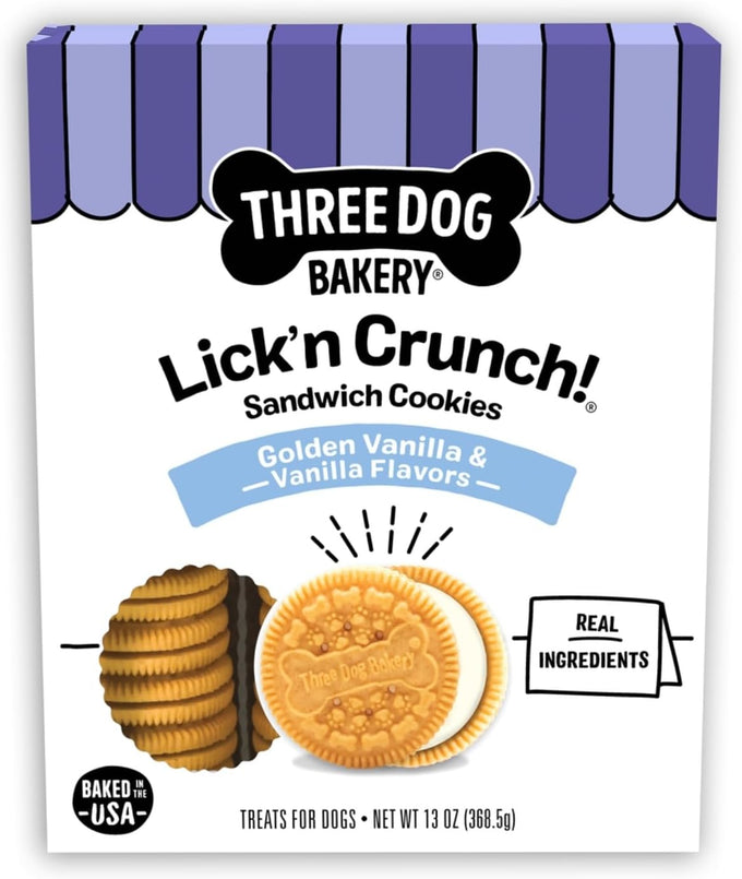 Three Dog Bakery Lick'n Crunch! Strawberry Shortcake Dog Treats, 13 oz, Crunchy Sandwich Cookies with Real Strawberries & Vanilla Cream Filling