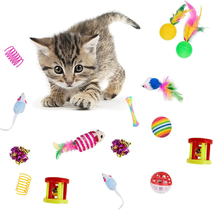 32Pcs Cat Toys Kitten Interactive Pet Toys Assortments, Foldable Rainbow Tunnel, Teaser Wand Fluffy Mouse Crinkle Balls Bell Play for Kitty Cats